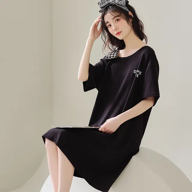 宫蝶 舒适纯色休闲短袖家居服可外穿睡裙 女款 黑色