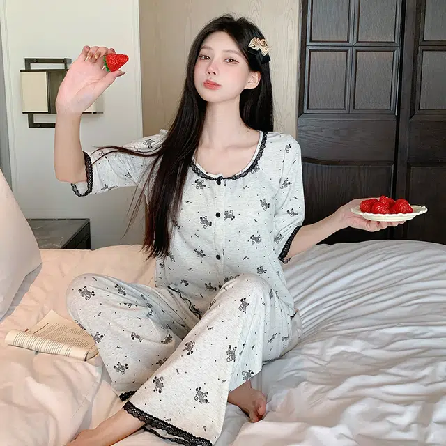 宫蝶 甜美风简约三件套家居服柔软七分袖休闲可外穿带胸垫小清新无袖吊带薄款夏季睡衣套装 女款