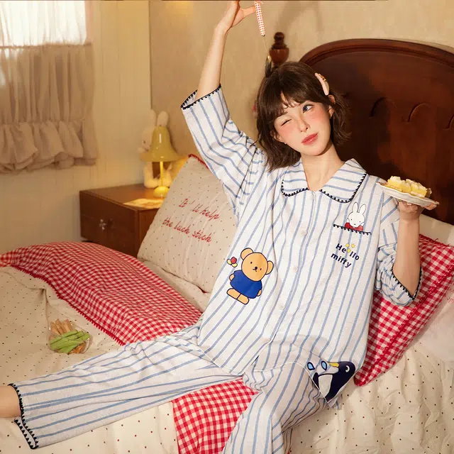 宫蝶 米菲纯棉长袖家居服条纹开衫卡通满印休闲可外穿宽松睡衣套装 女款 礼盒装