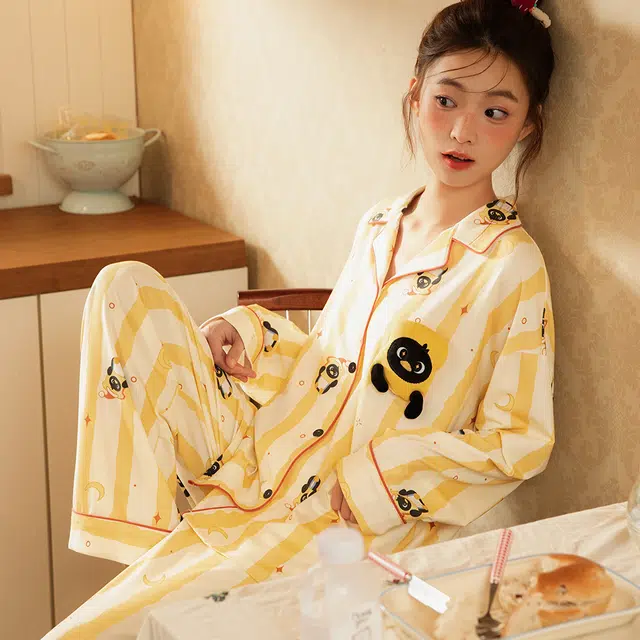 宫蝶 小企鹅纯棉长袖卡通家居服宽松休闲可外穿条纹开衫睡衣套装 女款