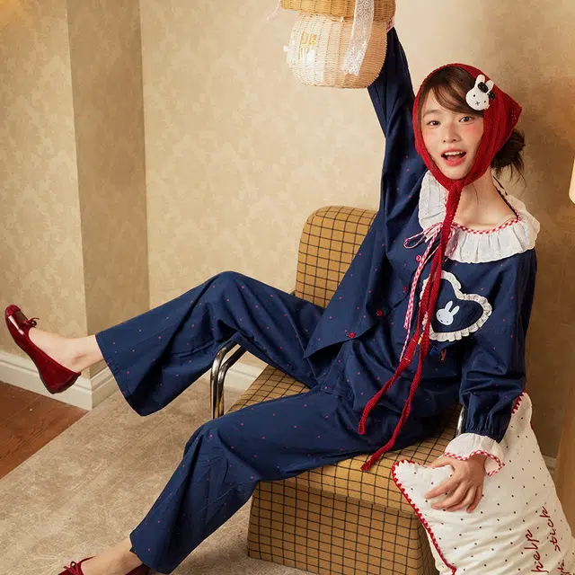 宫蝶 米菲纯棉长袖卡通家居服宽松休闲可外穿开衫甜美风睡衣套装 女款 礼盒装