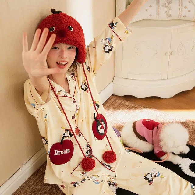 宫蝶 抗菌纯棉卡通长袖家居服可外穿宽松休闲开衫睡衣套装 女款