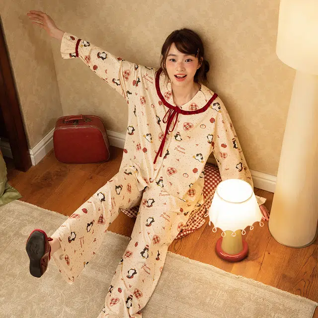 宫蝶 纯棉长袖卡通休闲宽松家居服可外穿开衫甜美风睡衣套装 女款