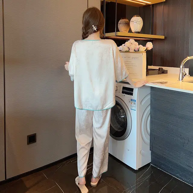 宫蝶 新中式系列 冰丝薄款半袖家居服中国风长裤睡衣套装 女款 杏色