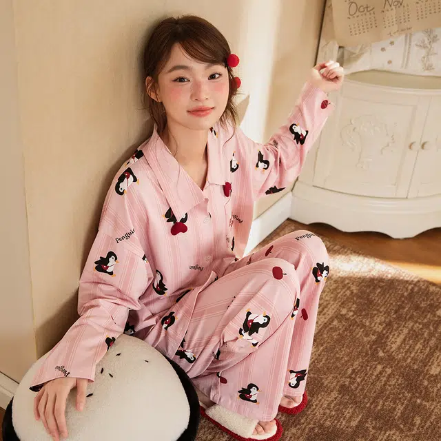 宫蝶 纯棉长袖卡通家居服休闲可外穿宽松开衫睡衣套装 女款