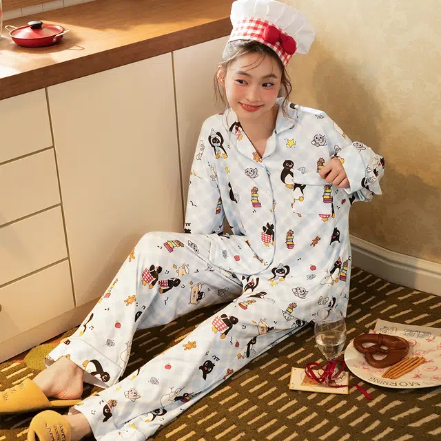 宫蝶 小企鹅纯棉长袖可爱家居服卡通休闲可外穿宽松开衫睡衣套装 女款