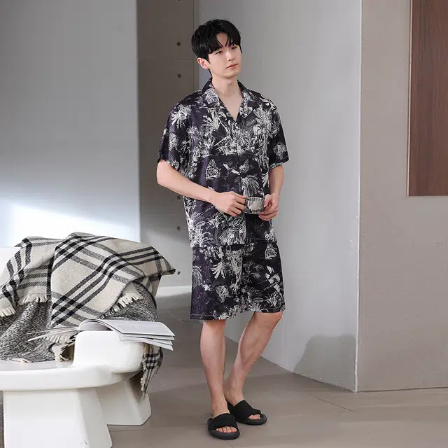 宫蝶 东南亚风情系列 冰丝短袖度假风家居服薄款可外穿复古风休闲大码开衫睡衣套装 男款 黑色