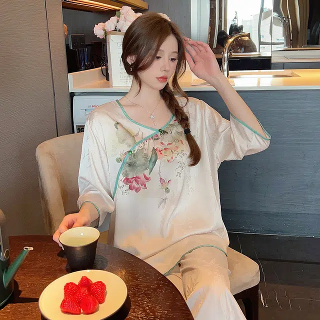 宫蝶 新中式系列 冰丝薄款半袖家居服中国风长裤睡衣套装 女款 杏色