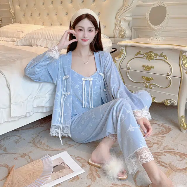 宫蝶 甜美风金丝绒长袖家居服三件套休闲开衫可外穿睡衣套装 女款