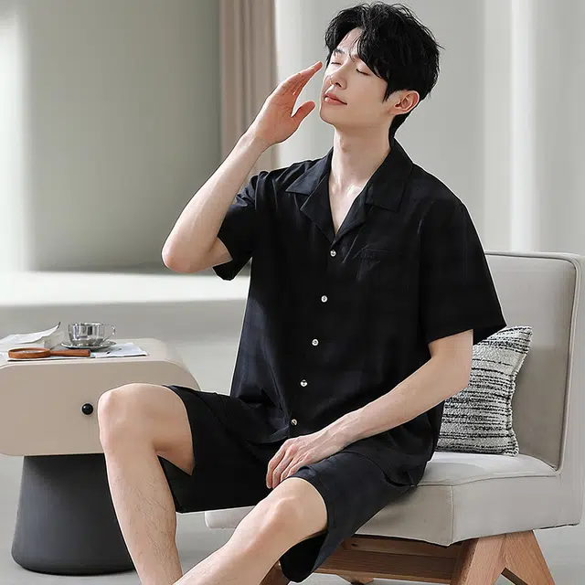 宫蝶 简约时尚短袖家居服休闲复古风可外穿睡衣套装 男款 黑色