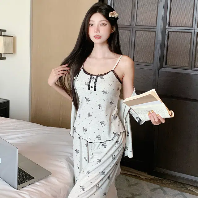 宫蝶 甜美风简约三件套家居服柔软七分袖休闲可外穿带胸垫小清新无袖吊带薄款夏季睡衣套装 女款