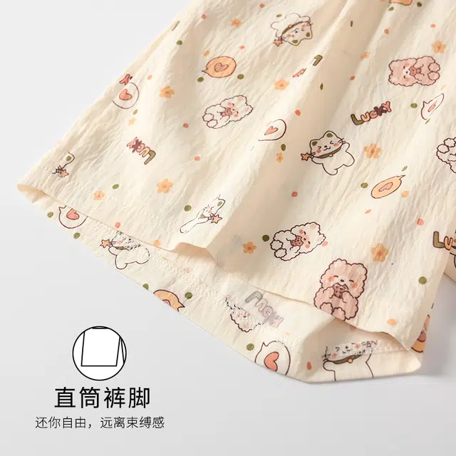 宫蝶 开衫柔软云朵棉卡通满印短袖家居服休闲可外穿睡衣套装 女款 杏色