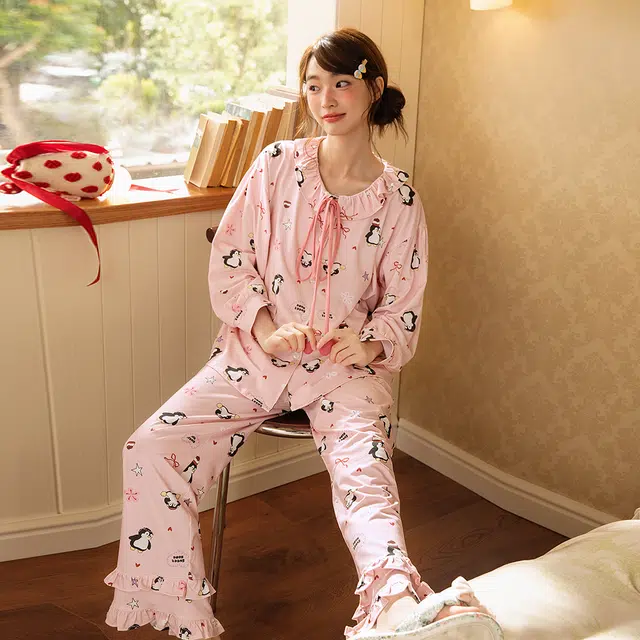 宫蝶 小企鹅长袖纯棉卡通满印家居服休闲可外穿宽松开衫睡衣套装 女款