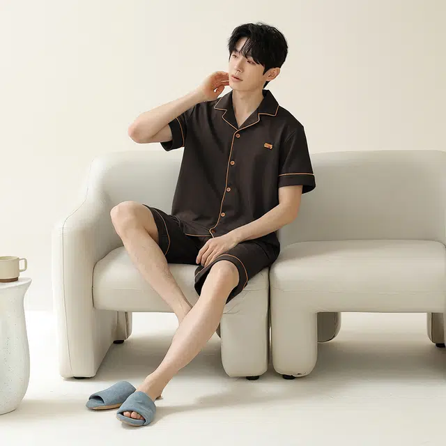 宫蝶 纯棉短袖家居服简约纯色休闲可外穿宽松大码睡衣套装 男款