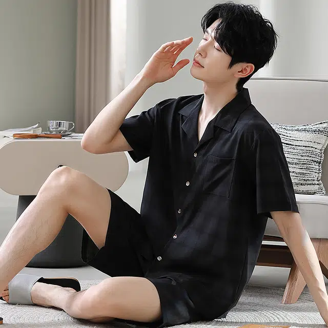 宫蝶 简约时尚短袖家居服休闲复古风可外穿睡衣套装 男款 黑色