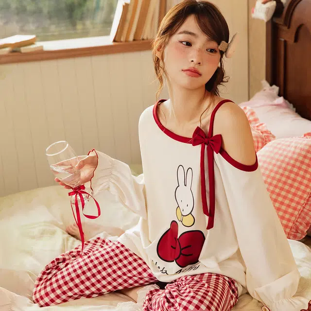 宫蝶 米菲纯棉斜肩设计感长袖卡通甜美风家居服宽松休闲开衫可外穿睡衣套装 女款 礼盒装