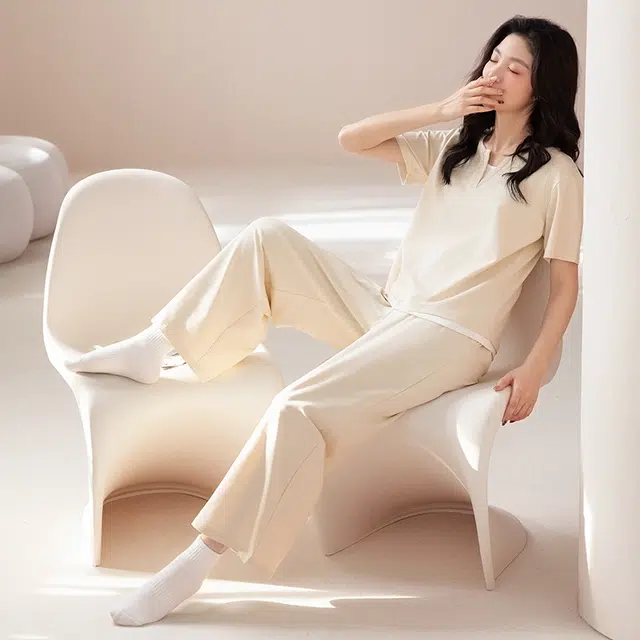 宫蝶 短袖纯棉可外穿休闲家居服简约假两件睡衣套装 女款