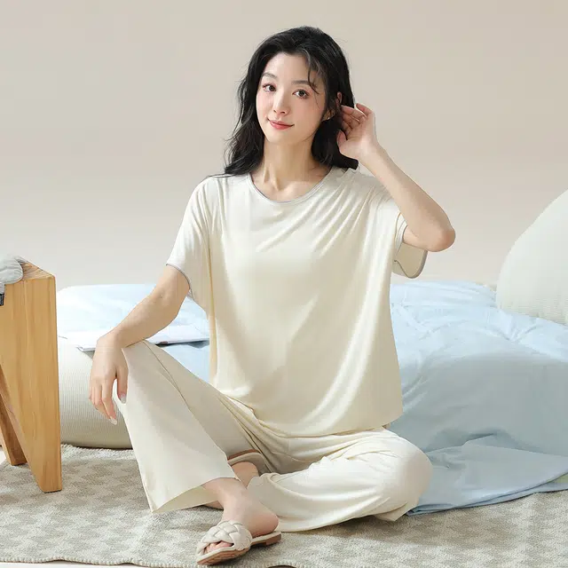 宫蝶 圆领套头舒适短袖上衣纯色中腰长裤睡衣套装 女款