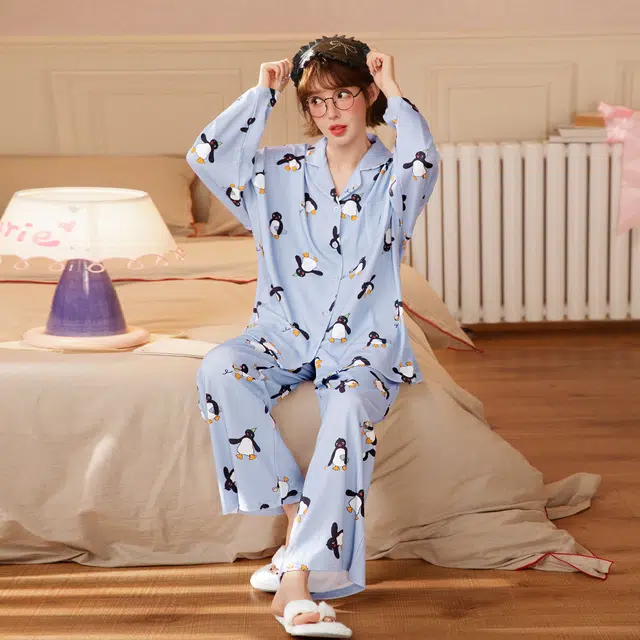 宫蝶 小企鹅纯棉长袖卡通家居服宽松满印休闲可外穿开衫睡衣套装 女款