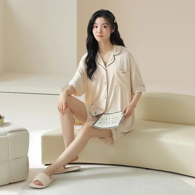 宫蝶 短袖莫代尔简约家居服可外穿休闲大码柔软睡衣套装 女款 杏色