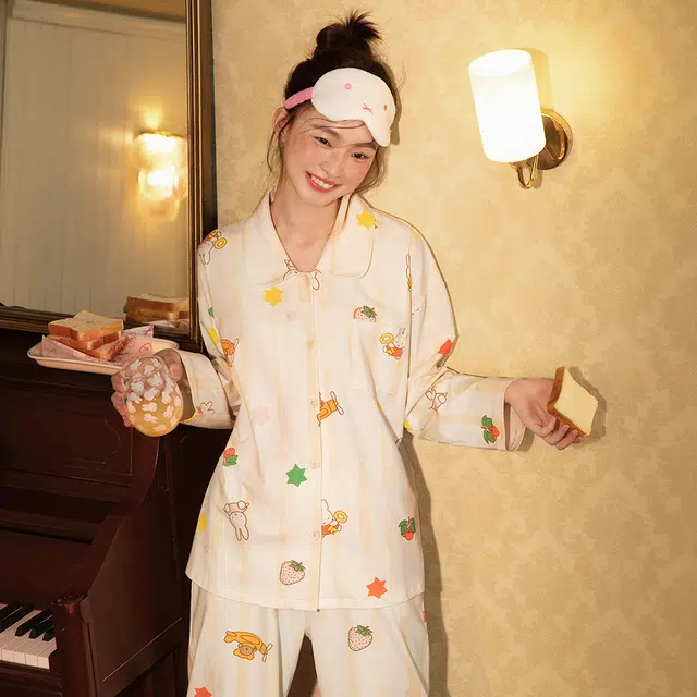 宫蝶 米菲长袖抗菌纯棉卡通家居服宽松休闲开衫可外穿睡衣套装 女款 礼盒装