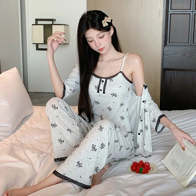 宫蝶 甜美风简约三件套家居服柔软七分袖休闲可外穿带胸垫小清新无袖吊带薄款夏季睡衣套装 女款