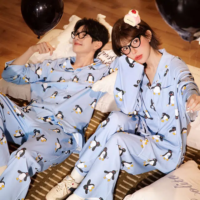 宫蝶 小企鹅纯棉长袖卡通家居服宽松满印休闲可外穿开衫睡衣套装 女款