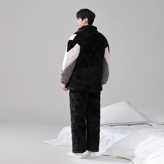 宫蝶 冬季加厚保暖三层夹棉珊瑚绒睡衣家居服简约可外穿 男款 家居套装  黑色