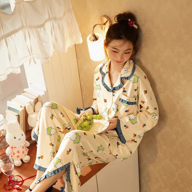 宫蝶 米菲长袖纯棉卡通满印家居服可外穿宽松休闲舒适开衫睡衣套装 女款 礼盒装