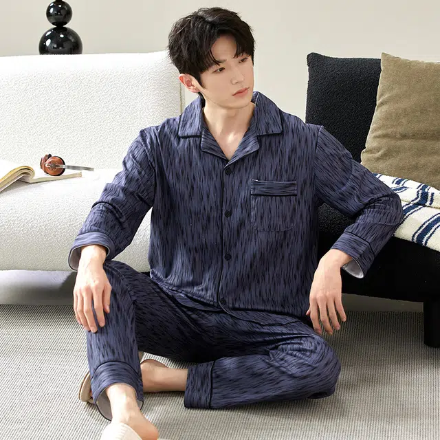 宫蝶 保暖厚款可外穿家居服开衫休闲睡衣套装 男款 深蓝色
