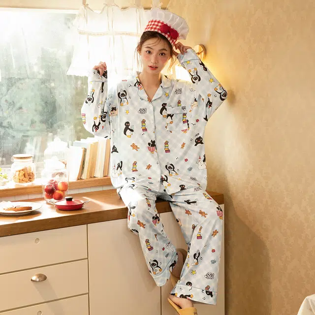 宫蝶 小企鹅纯棉长袖可爱家居服卡通休闲可外穿宽松开衫睡衣套装 女款