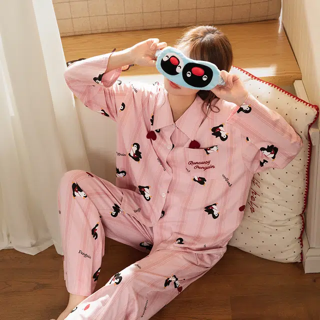 宫蝶 纯棉长袖卡通家居服休闲可外穿宽松开衫睡衣套装 女款