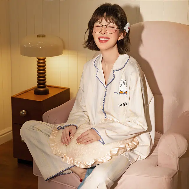 宫蝶 米菲纯棉长袖卡通休闲家居服可外穿宽松开衫睡衣套装 女款 礼盒装