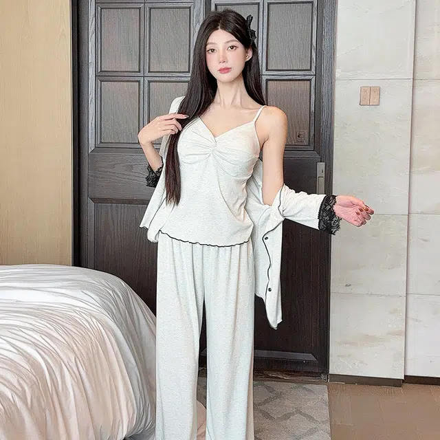 宫蝶 简约甜美风三件套七分袖家居服柔软休闲可外穿带胸垫小清新无袖吊带薄款夏季睡衣套装 女款
