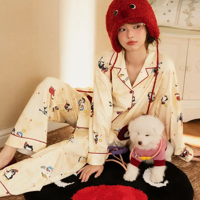 宫蝶 抗菌纯棉卡通长袖家居服可外穿宽松休闲开衫睡衣套装 女款