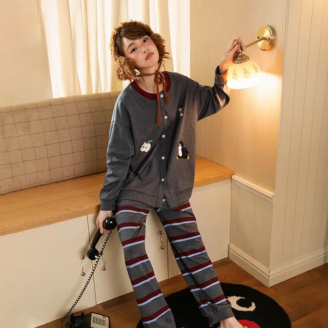 宫蝶 小企鹅纯棉长袖家居服宽松卡通休闲可外穿开衫睡衣套装 女款