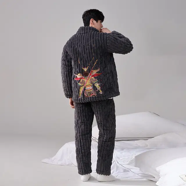 宫蝶 冬季加厚三层珊瑚绒 夹棉保暖睡衣 简约可外穿 家居套装  男款  深灰