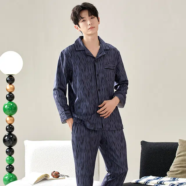 宫蝶 保暖厚款可外穿家居服开衫休闲睡衣套装 男款 深蓝色