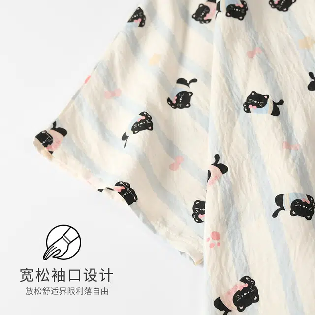 宫蝶 柔软休闲卡通满印短袖家居服可外穿开衫睡衣套装 女款 白色
