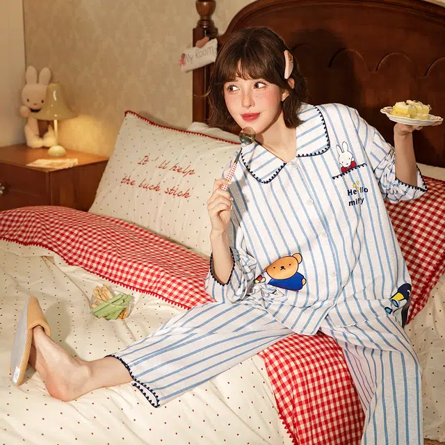 宫蝶 米菲纯棉长袖家居服条纹开衫卡通满印休闲可外穿宽松睡衣套装 女款 礼盒装