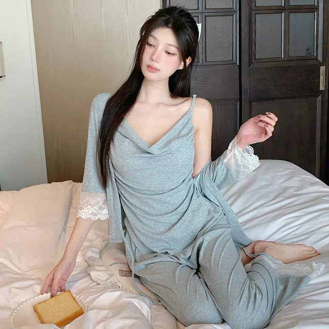 宫蝶 甜美风简约三件套七分袖家居服柔软休闲可外穿带胸垫小清新无袖吊带薄款夏季睡衣套装 女款