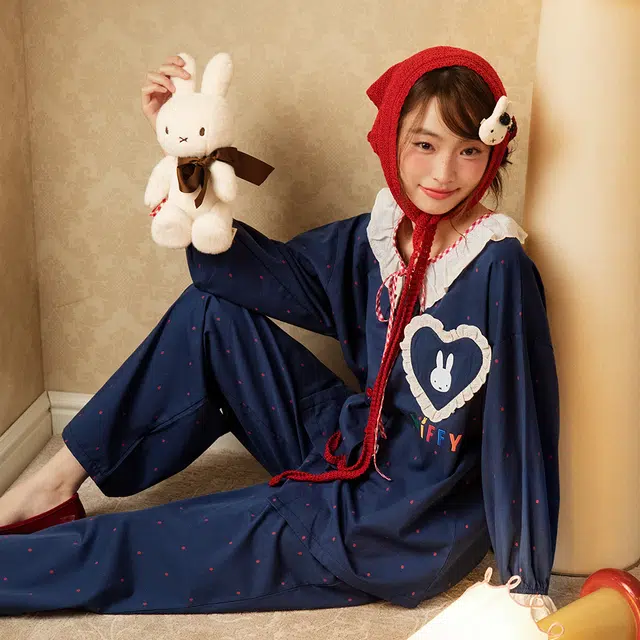 宫蝶 米菲纯棉长袖卡通家居服宽松休闲可外穿开衫甜美风睡衣套装 女款 礼盒装