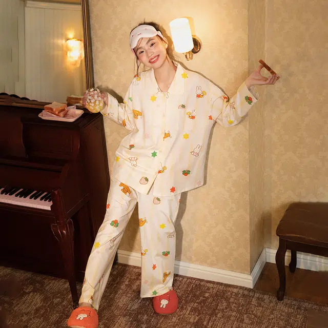 宫蝶 米菲长袖抗菌纯棉卡通家居服宽松休闲开衫可外穿睡衣套装 女款 礼盒装