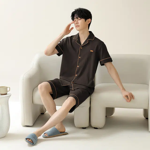 宫蝶 纯棉短袖家居服简约纯色休闲可外穿宽松大码睡衣套装 男款