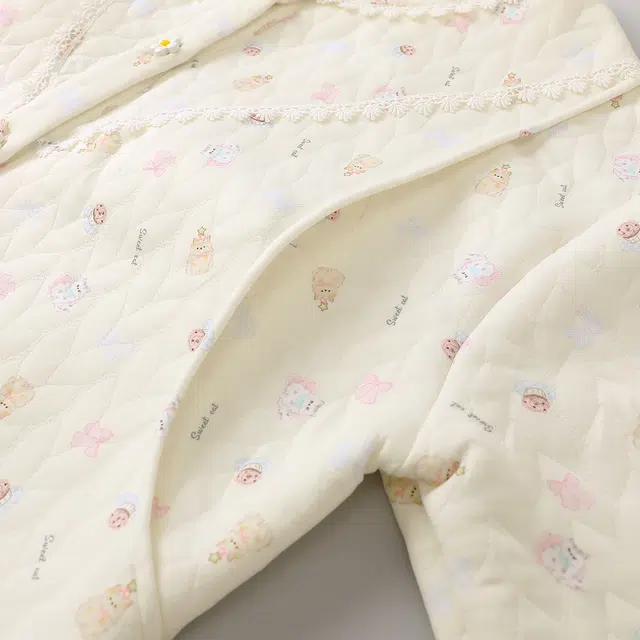 宫蝶 月子服带胸垫产后哺乳家居服夹层棉长袖产妇可调节腰围保暖睡衣套装 女款