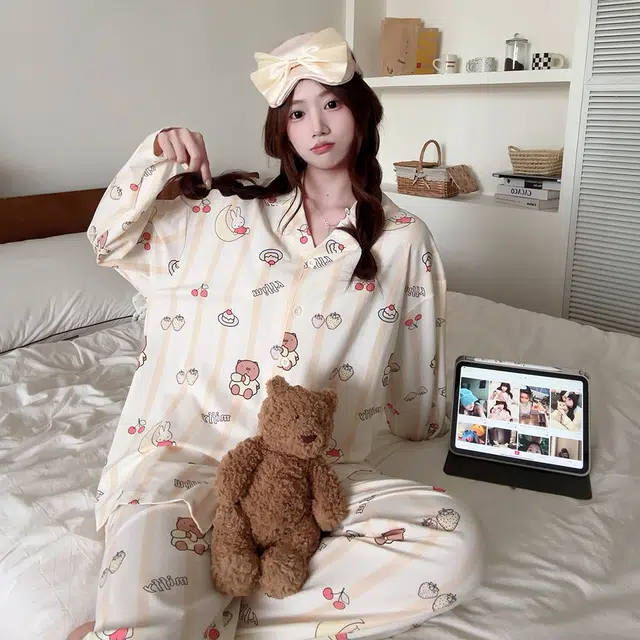 宫蝶 米菲纯棉长袖家居服卡通满印甜美风开衫宽松休闲可外穿睡衣套装 女款 礼盒装