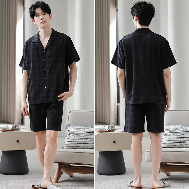 宫蝶 简约时尚短袖家居服休闲复古风可外穿睡衣套装 男款 黑色