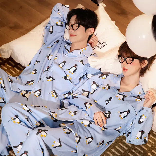 宫蝶 小企鹅纯棉长袖卡通家居服宽松满印休闲可外穿开衫睡衣套装 女款