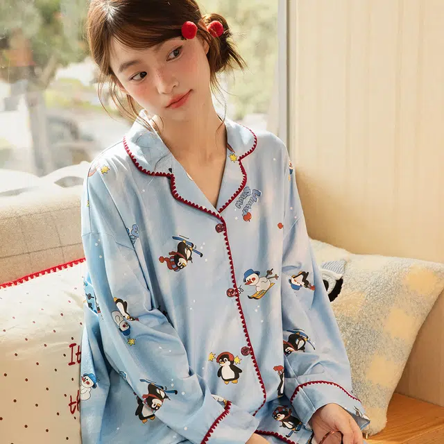 宫蝶 纯棉卡通长袖家居服抗菌可外穿宽松休闲开衫睡衣套装 女款