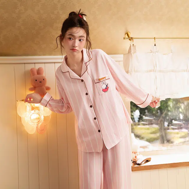 宫蝶 米菲纯棉长袖甜美风可外穿卡通开衫家居服宽松休闲舒适睡衣套装 女款 礼盒装